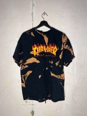 Thrasher Flame Logo Bleached Custom Acid Wash Graphic T-Shirt. Cut in the middle